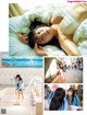 A collage of photos of a woman laying on a bed.