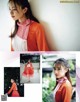 A collage of photos of a woman wearing a pink and orange dress.