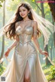 a woman in a wedding dress standing in the woods